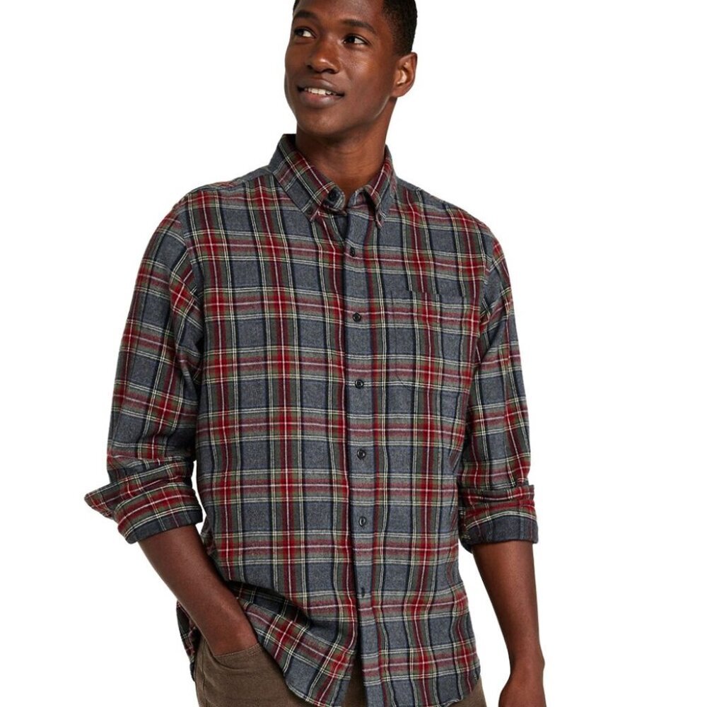 L.L. Bean Scotch Plaid Flannel Shirt Mens Large Grey Red Outdoor Lumberjack Fall